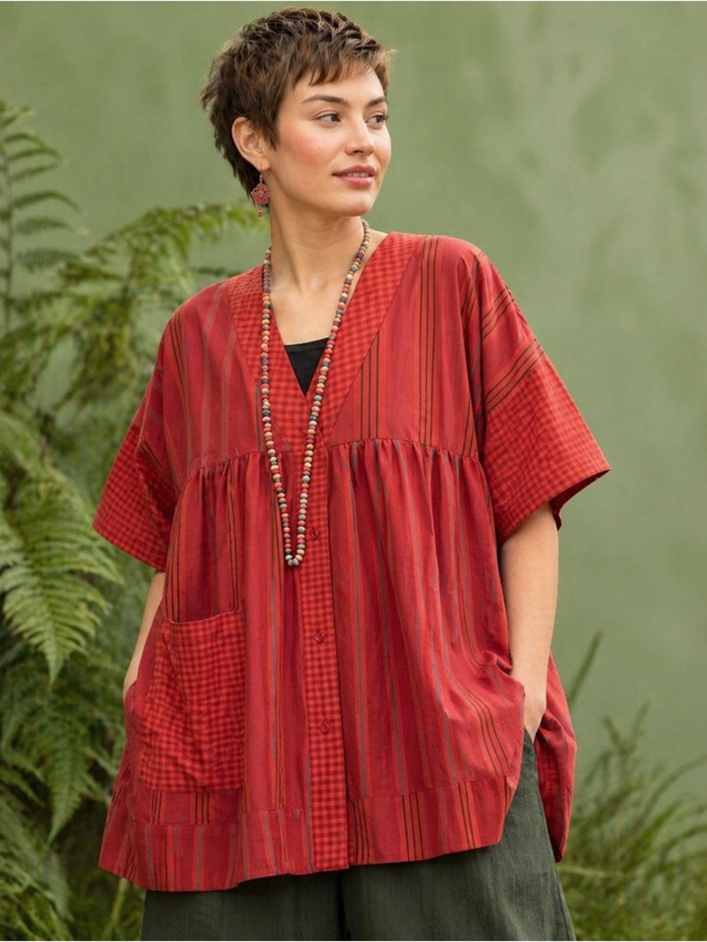 NWT Gudrun Sjödén Sofia Blouse Medium Red Striped Organic Cotton Tunic Lagenlook